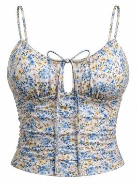 Just Polly Ruched Mesh Floral Tie-Front Cami Tank Top